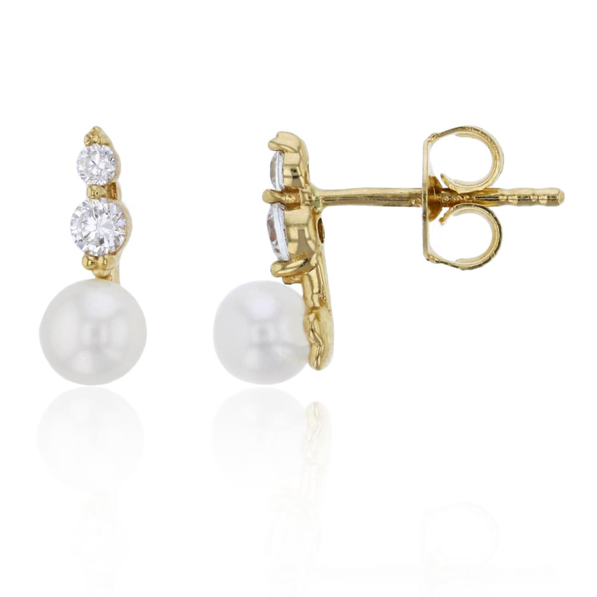 10K Yellow Gold 5mm Freshwater Pearl & CZ 3-Stone Drop Earring