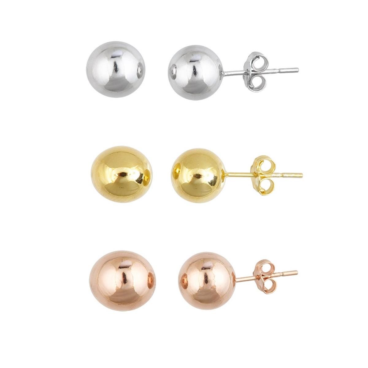 Sterling Silver Rhodium, Yellow, Rose High Polish Ball 3-Stud Earring Kit