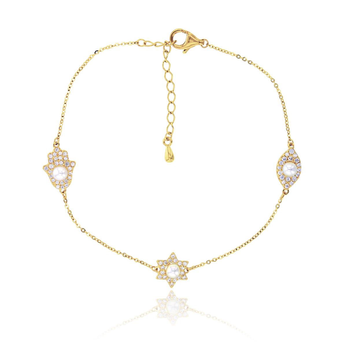 10K Yellow Gold Freshwater Pearls & Micropave Hamsa, Star Of David & Evil Eye  7"+1.5" Bracelet