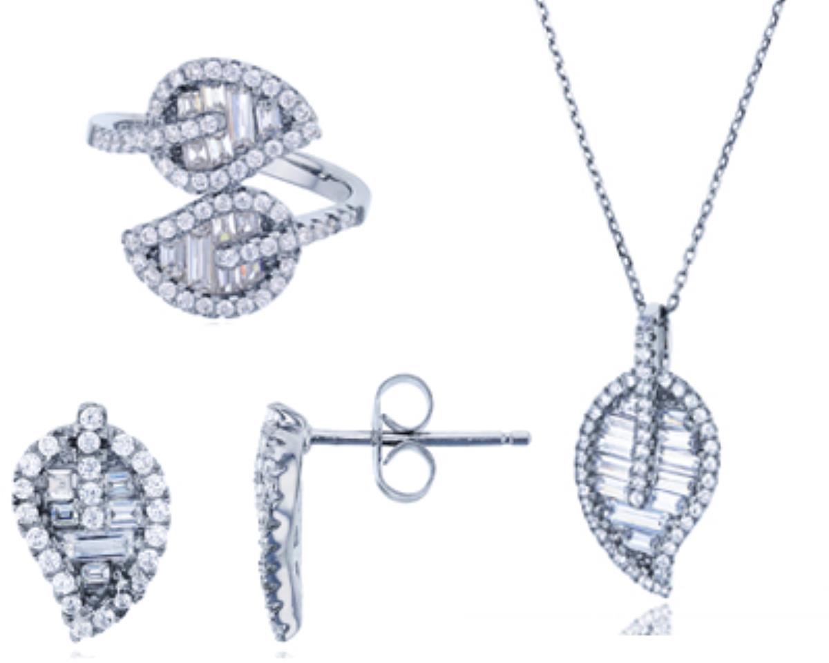 Sterling Silver Rhodium Micropave Round and Baguette Leaf 18"+2" Necklace; Ring & Earring Set