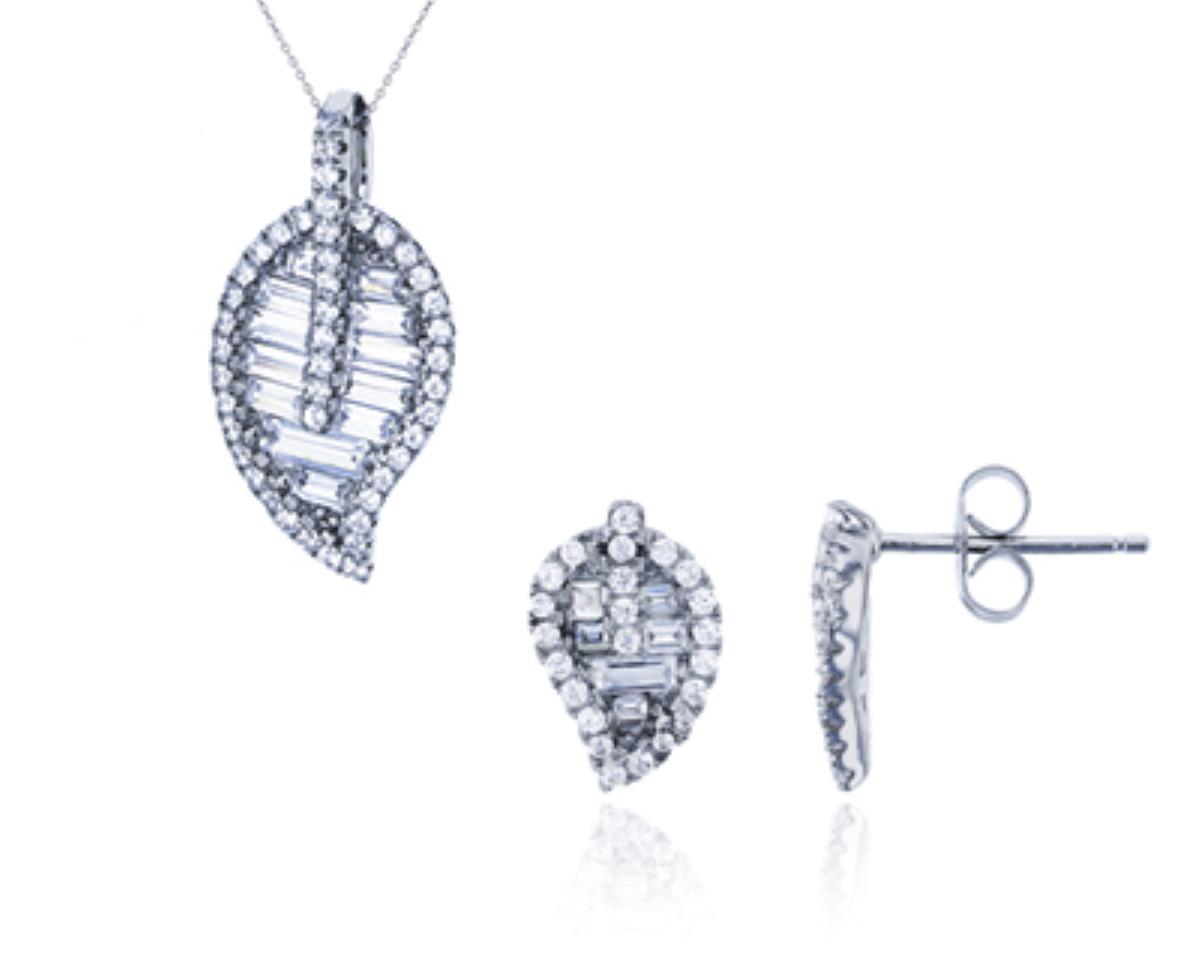 Sterling Silver Rhodium Micropave Round and Baguette Leaf 18"+2" Necklace & Earring Set