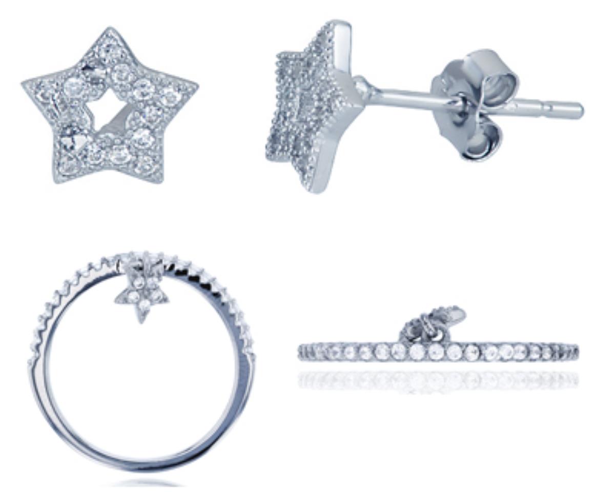 Sterling Silver Rhodium Micropave Star Ring & Earring Set