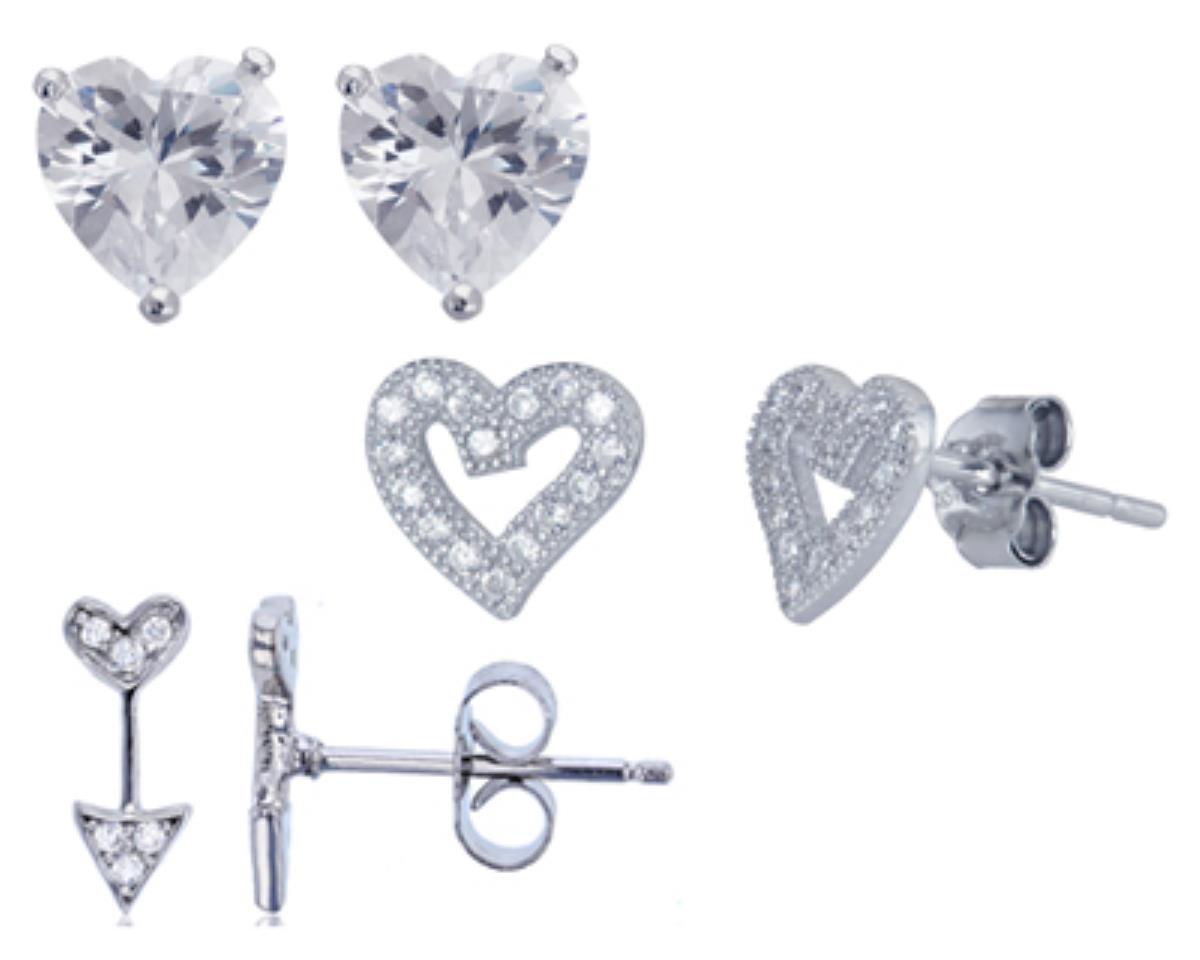 Sterling Silver Rhodium Heart Stud Earrings Set