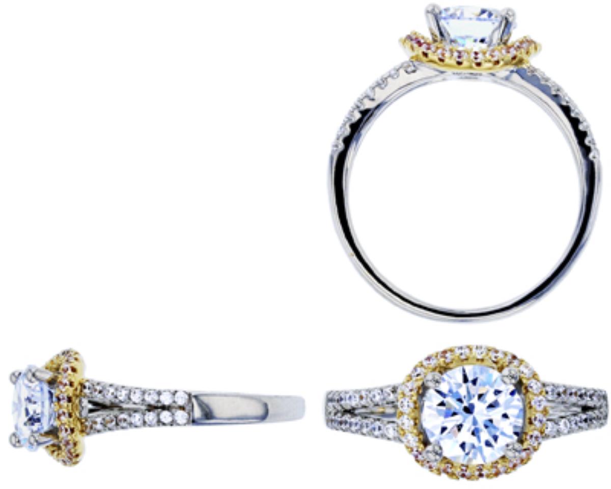 10K White & Yellow Gold 7mm Round Cut Split Shank Micropave Engagement Ring