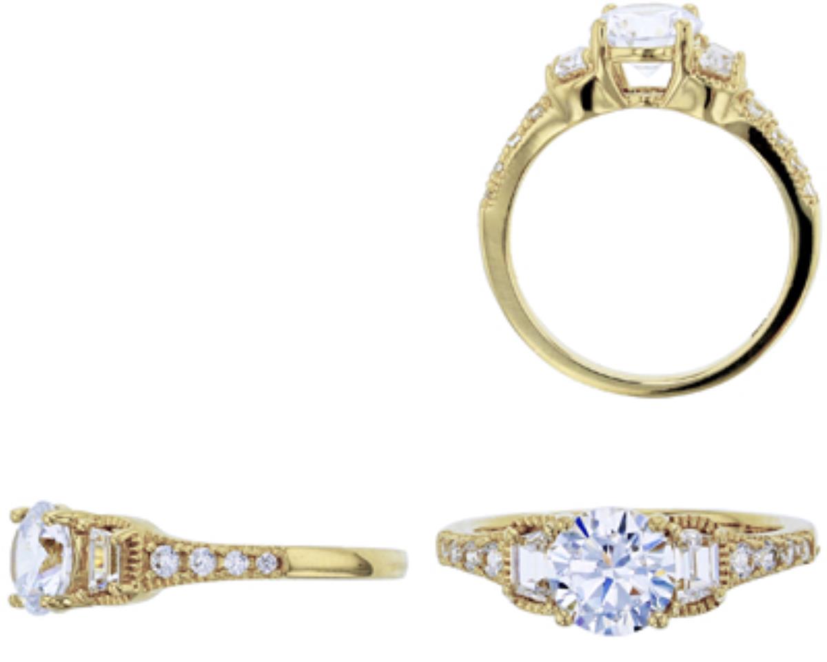10K Yellow Gold 7mm Round Cut & Baguette Side Stones Milgraine Engagement Ring