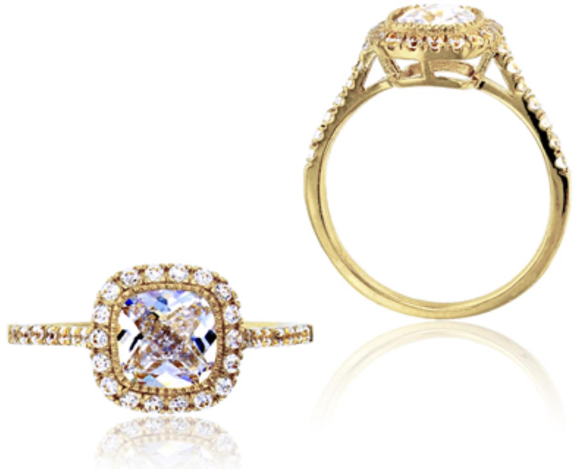 10K Yellow Gold Micropave Cushion Halo Milgraine Engagement Ring