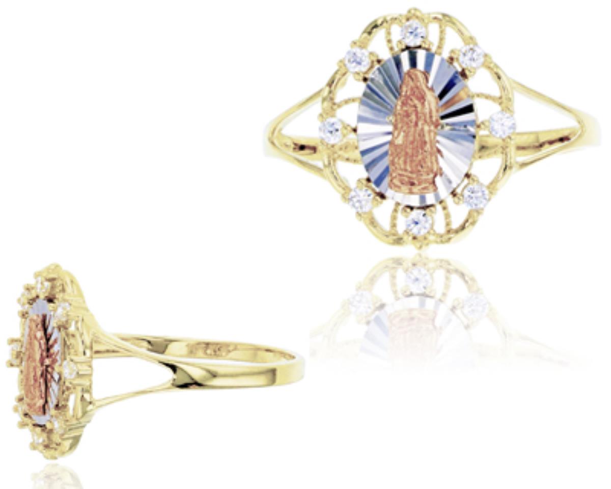 10K Tricolor Gold Polished & Diamond Cut Split Shank Virgin Mary Religious Ring
