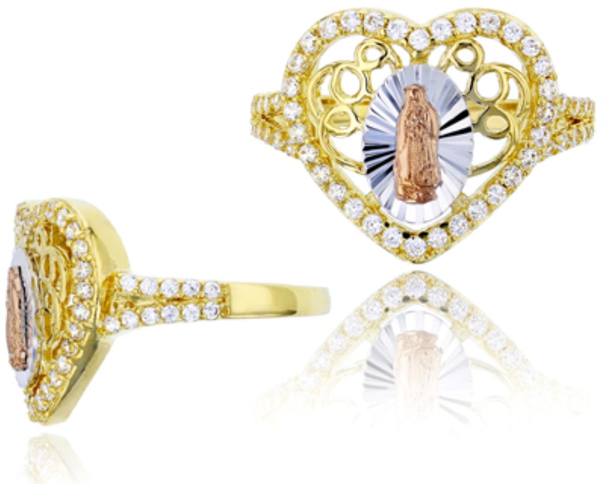 10K Tricolor Gold Polished & DC Virgin Mary Heart Shape FIligree Ring