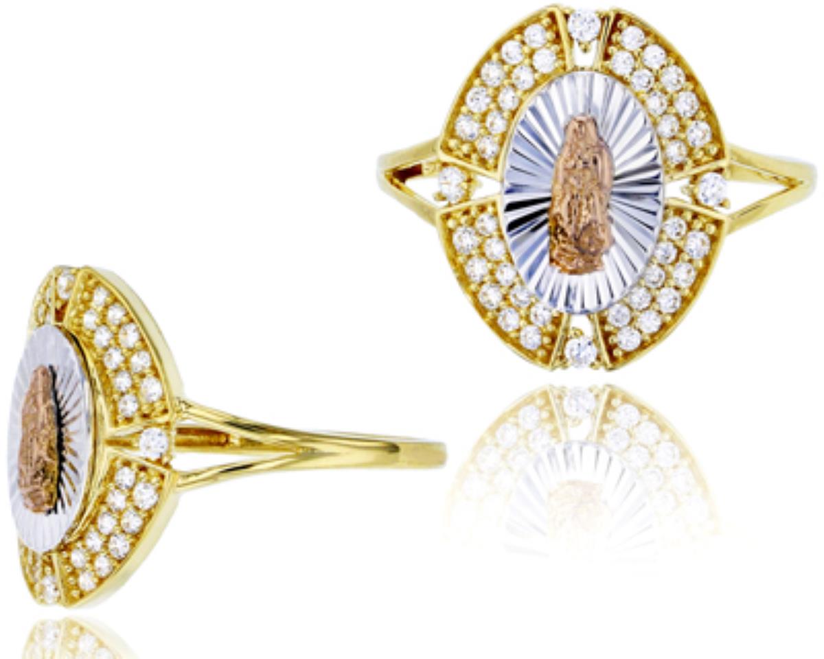 10K Tricolor Gold Micropave Polished & DC Oval Virgin Mary Religious Ring