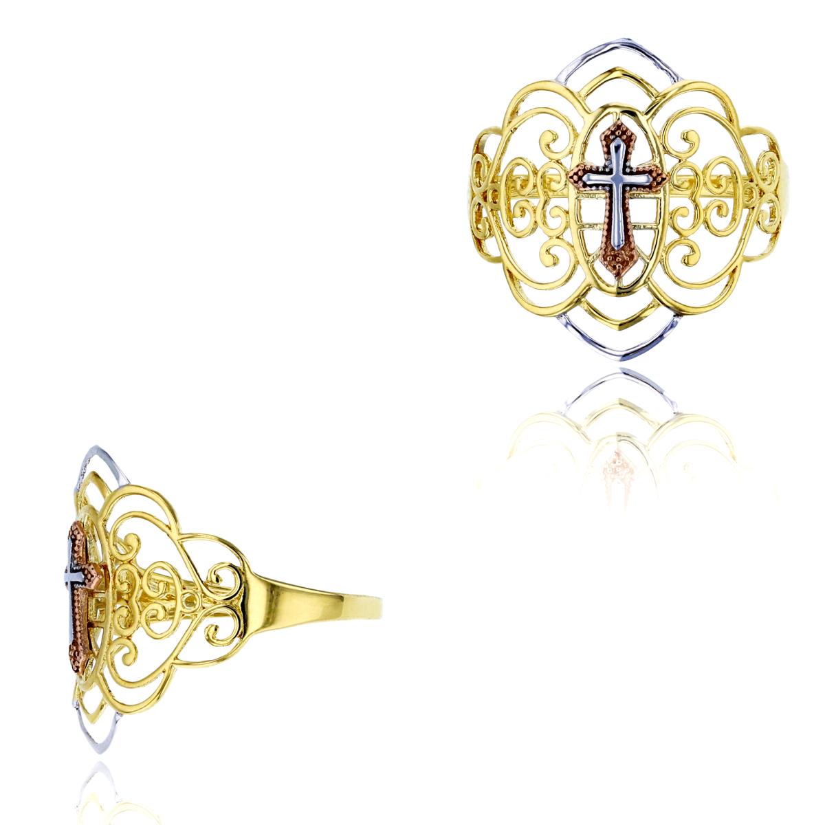 10K Tricolor Gold Polished & Milgraine Cross Filigree Religious Ring