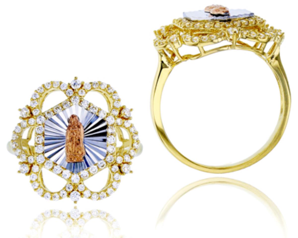 10K Tricolor Gold Polished & Diamond Cut Virgin Mary Flower Shape Religious Ring