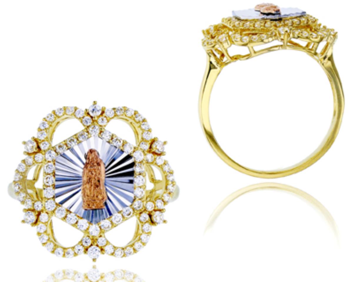 10K Tricolor Gold Polished & Hexagon DC Virgin Mary Micropave Open Flower Ring