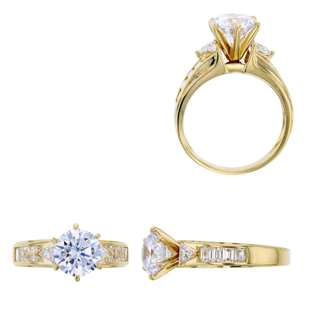 14K Yellow Gold 8mm Round Cut Prong Set Triangle & Baguette Side Stones Engagement Ring