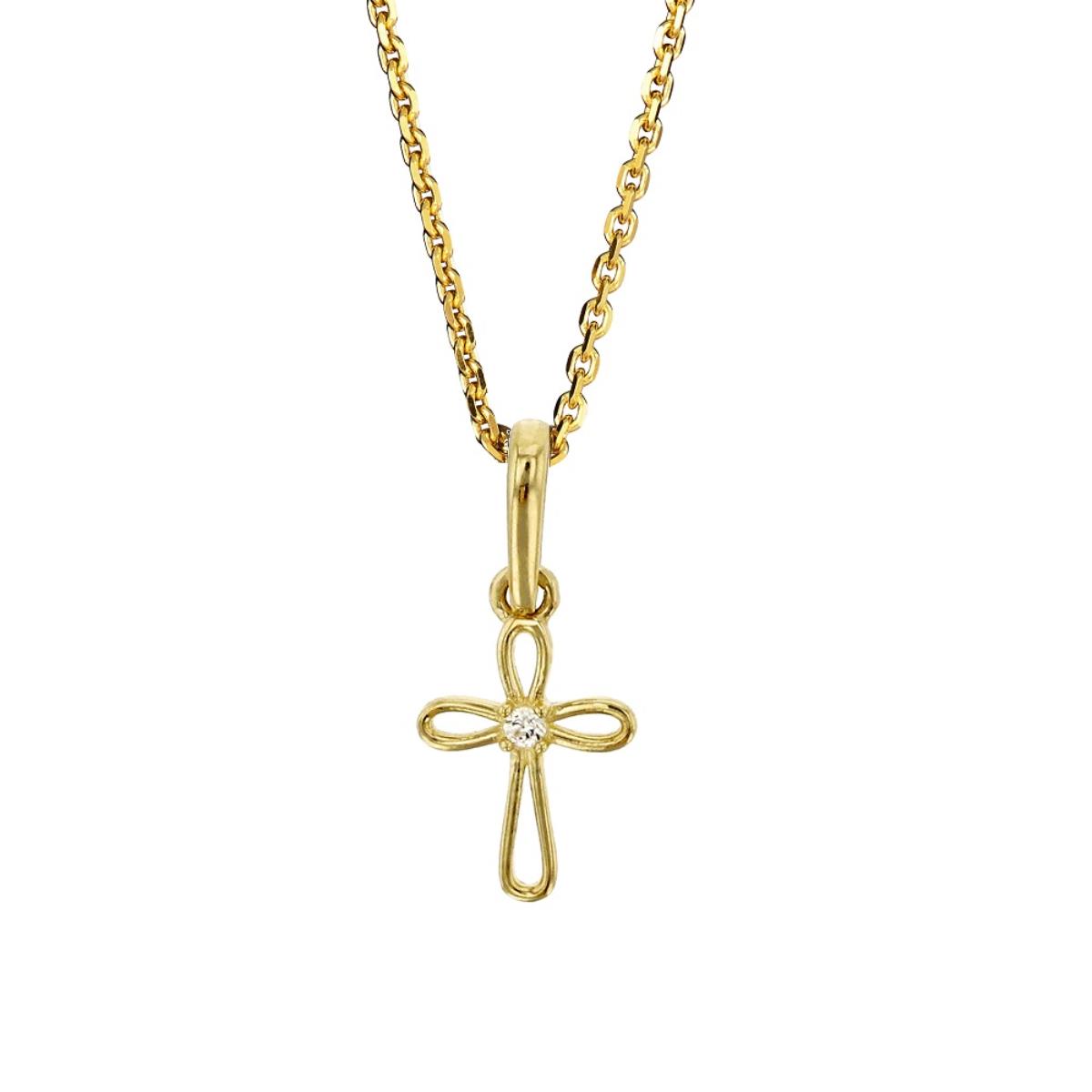 14K Yellow Gold High Polished Small Open Dangling CZ Cross 18" DC Cable Chain Necklace