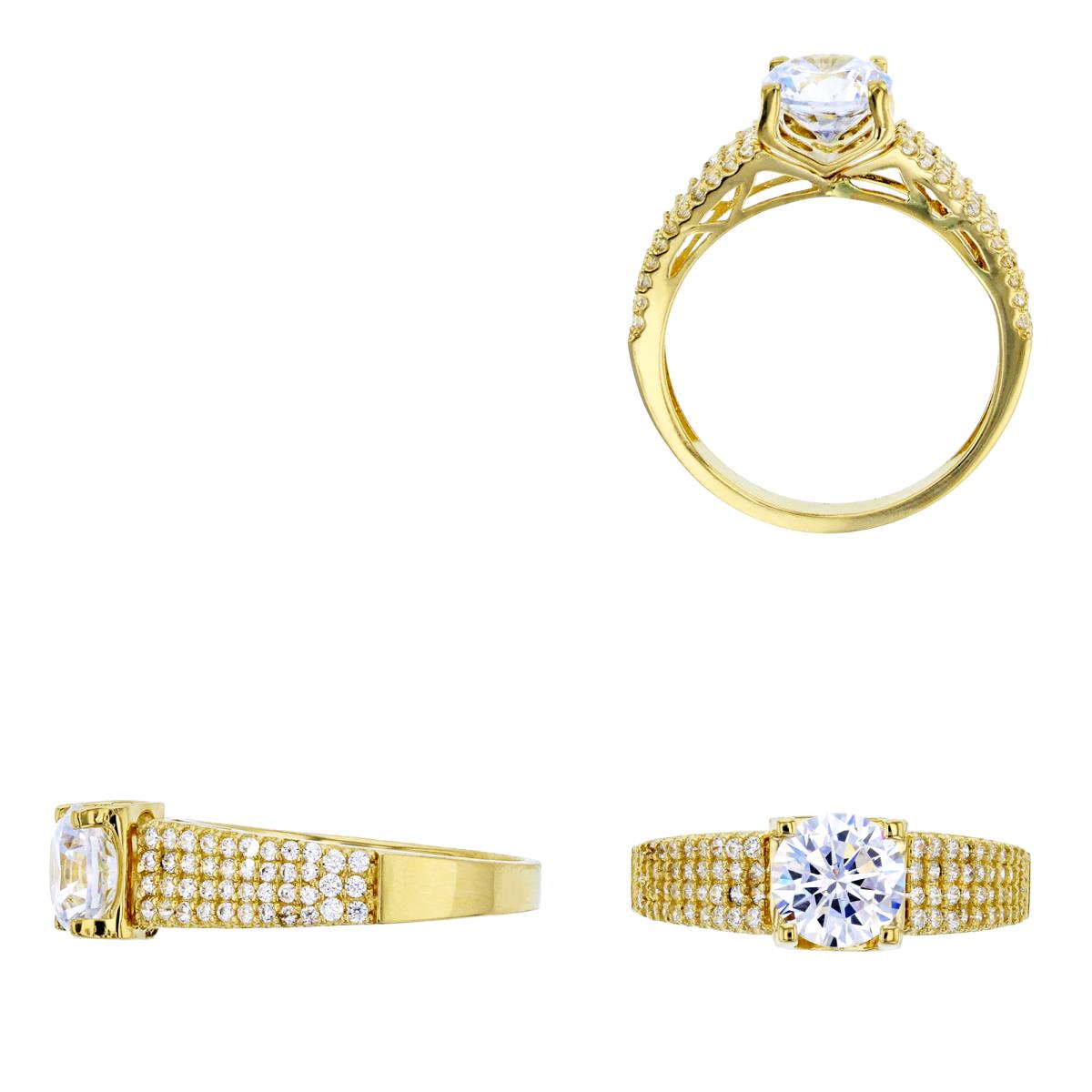 14K Yellow Gold 4-Row Micropave Sides 7mm Round Cut Engagement Ring