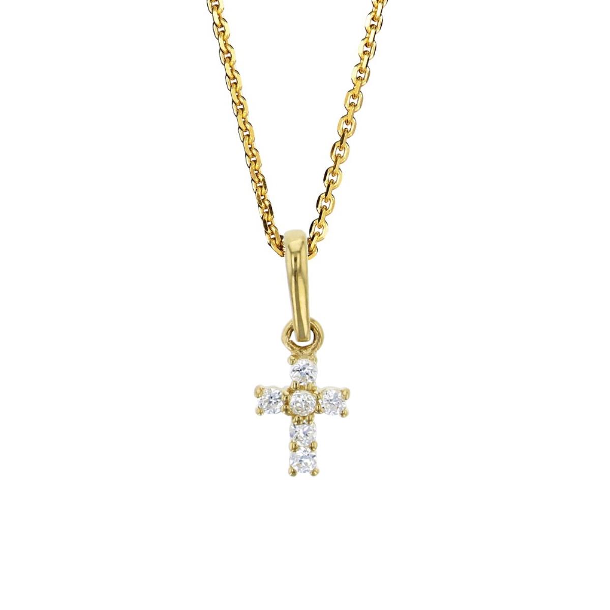 14K Yellow Gold Micropave Small Dangling CZ Cross 18" DC Cable Chain Necklace