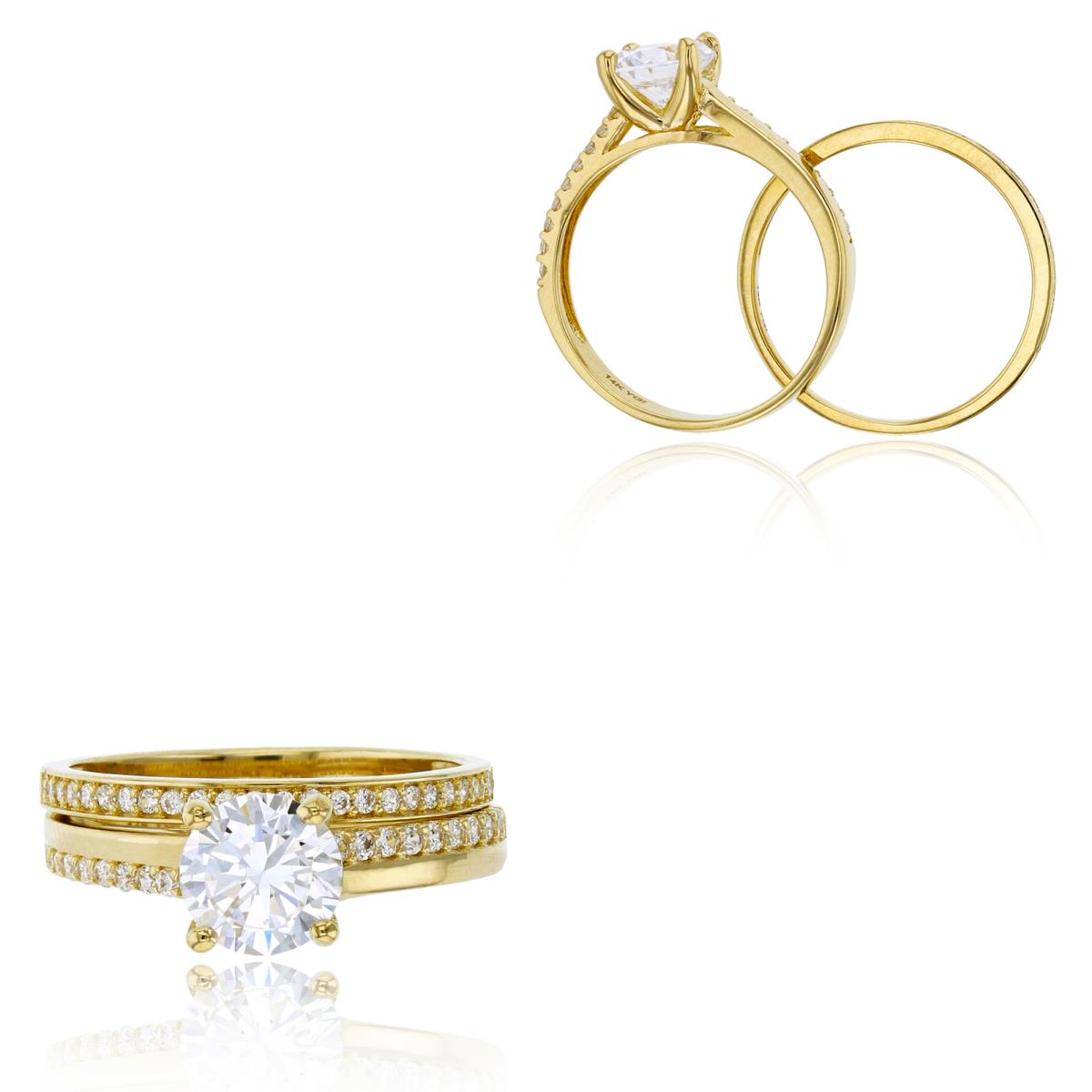 14K Yellow Gold 7mm Round Cut Polished & Micropave Wedding Duo Ring