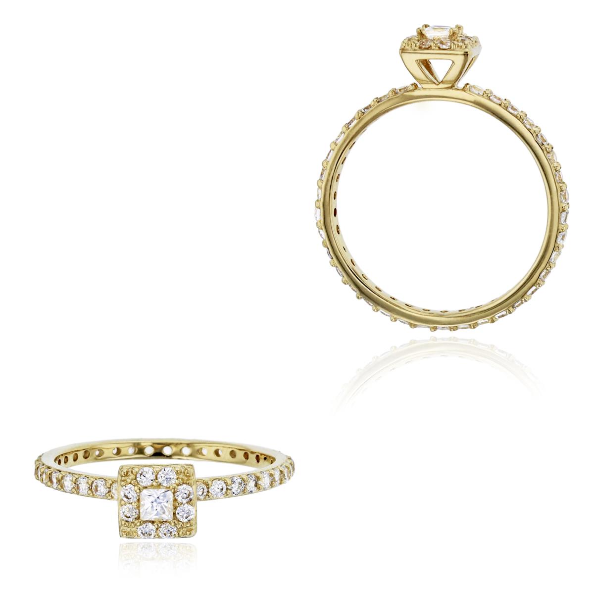 14K Yellow Gold 6mm Square Halo Micropave Eternity Shank Engagement Ring
