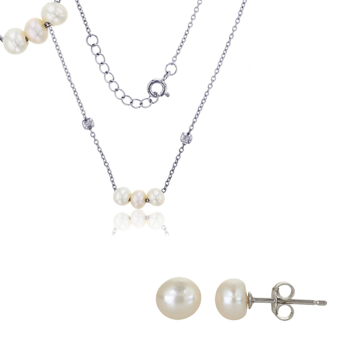 Sterling Silver Rhodium 6mm Triple Fresh Water Pearl 17"+1" Necklace & White Button Stud Set