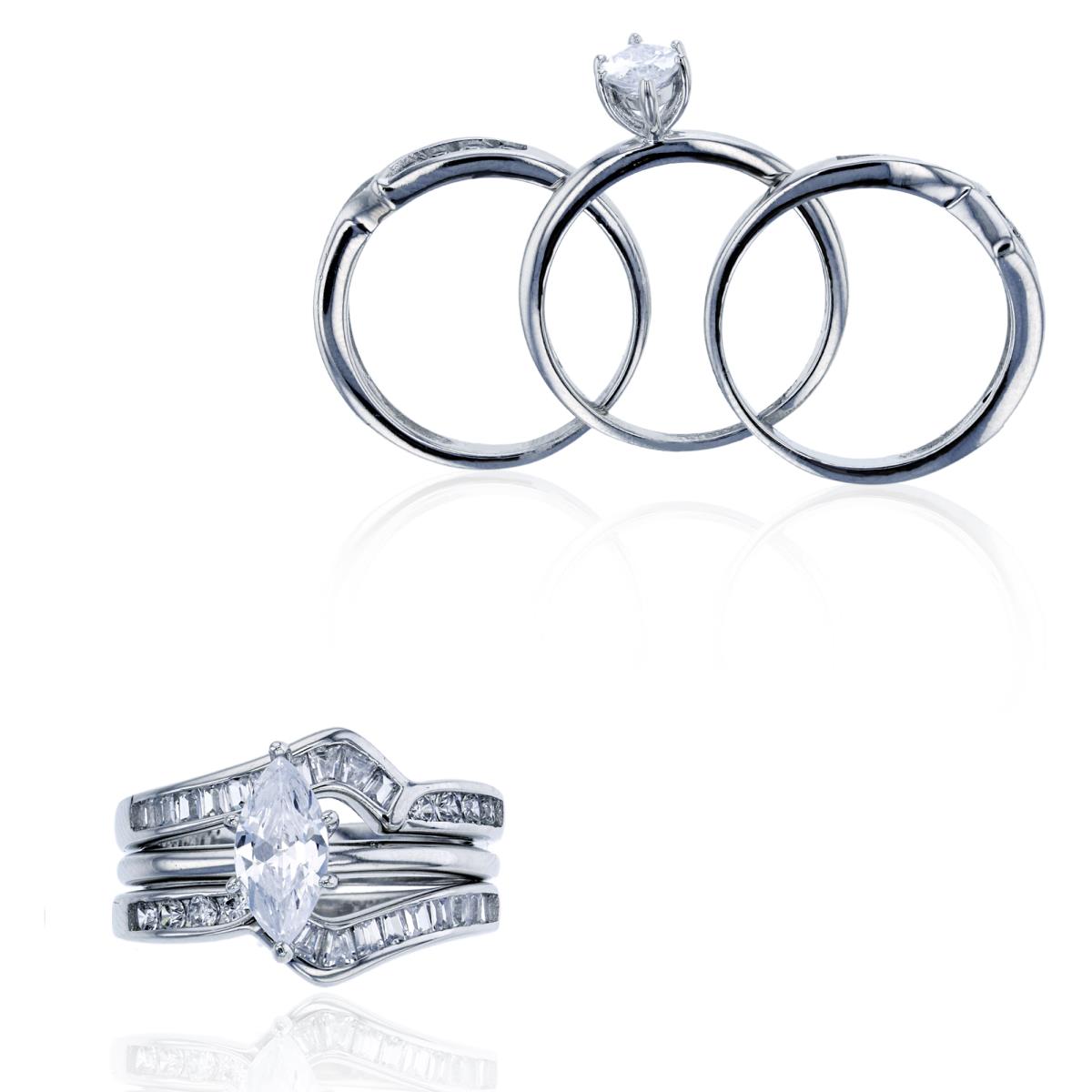Sterling Silver Rhodium 14.00mm Marquise Cut with 2-Band Wedding Ring
