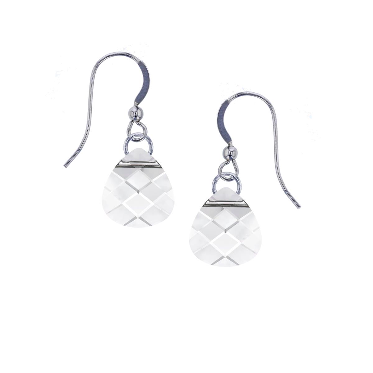 Sterling Silver Rhodium 11X10MM Swarovski Crystal Flat Briolette Dangling Fish Hook Earring