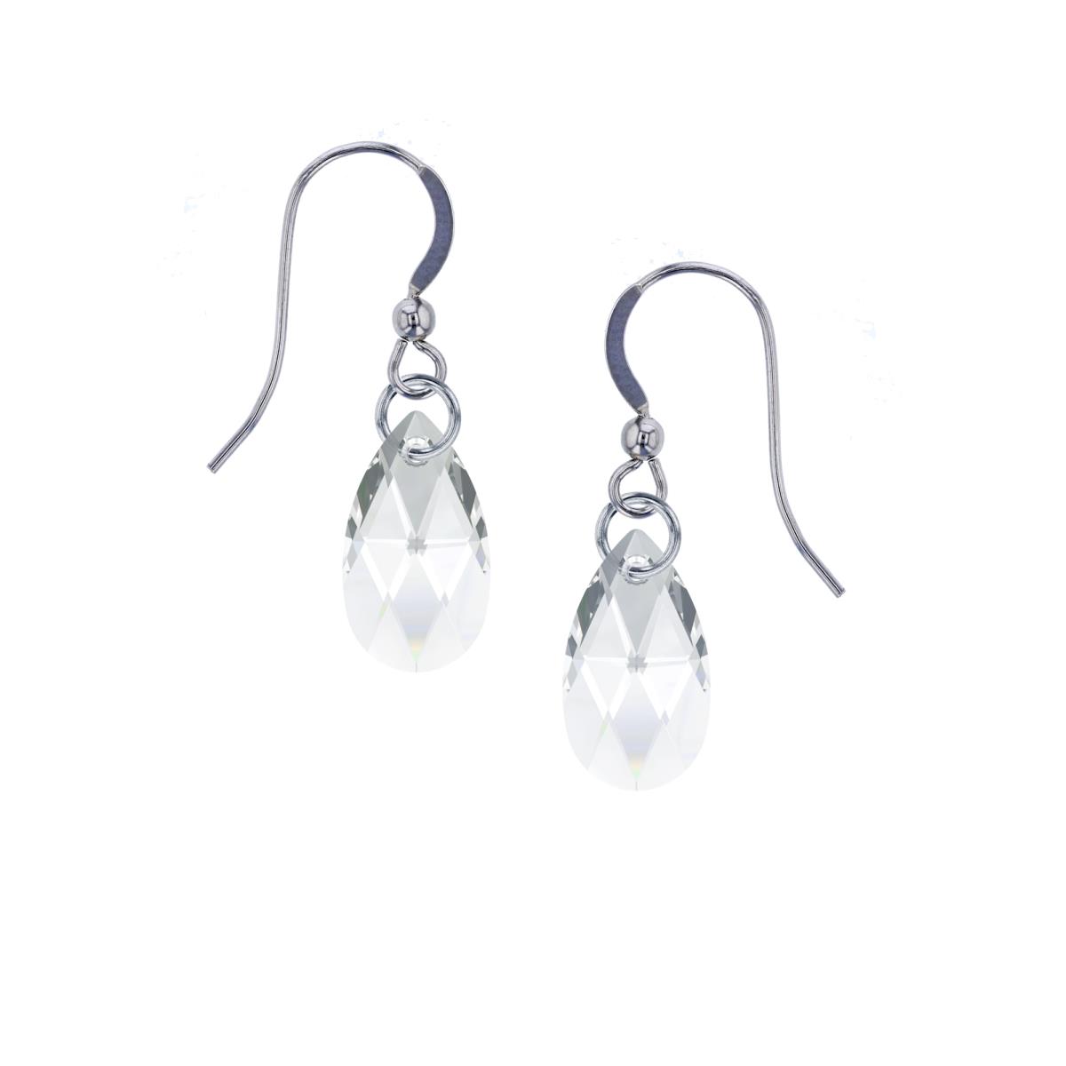 Sterling Silver Rhodium 16mm Pear Clear Swarovski Crystal Dangling Fish Hook Earring