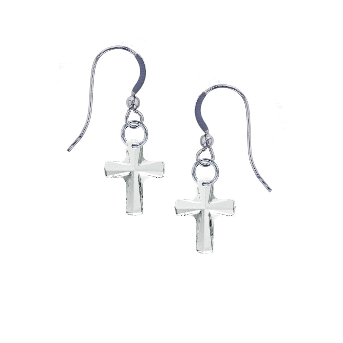 Sterling Silver Rhodium 12mm Cross Clear Swarovski Crystal Dangling Fish Hook Earring