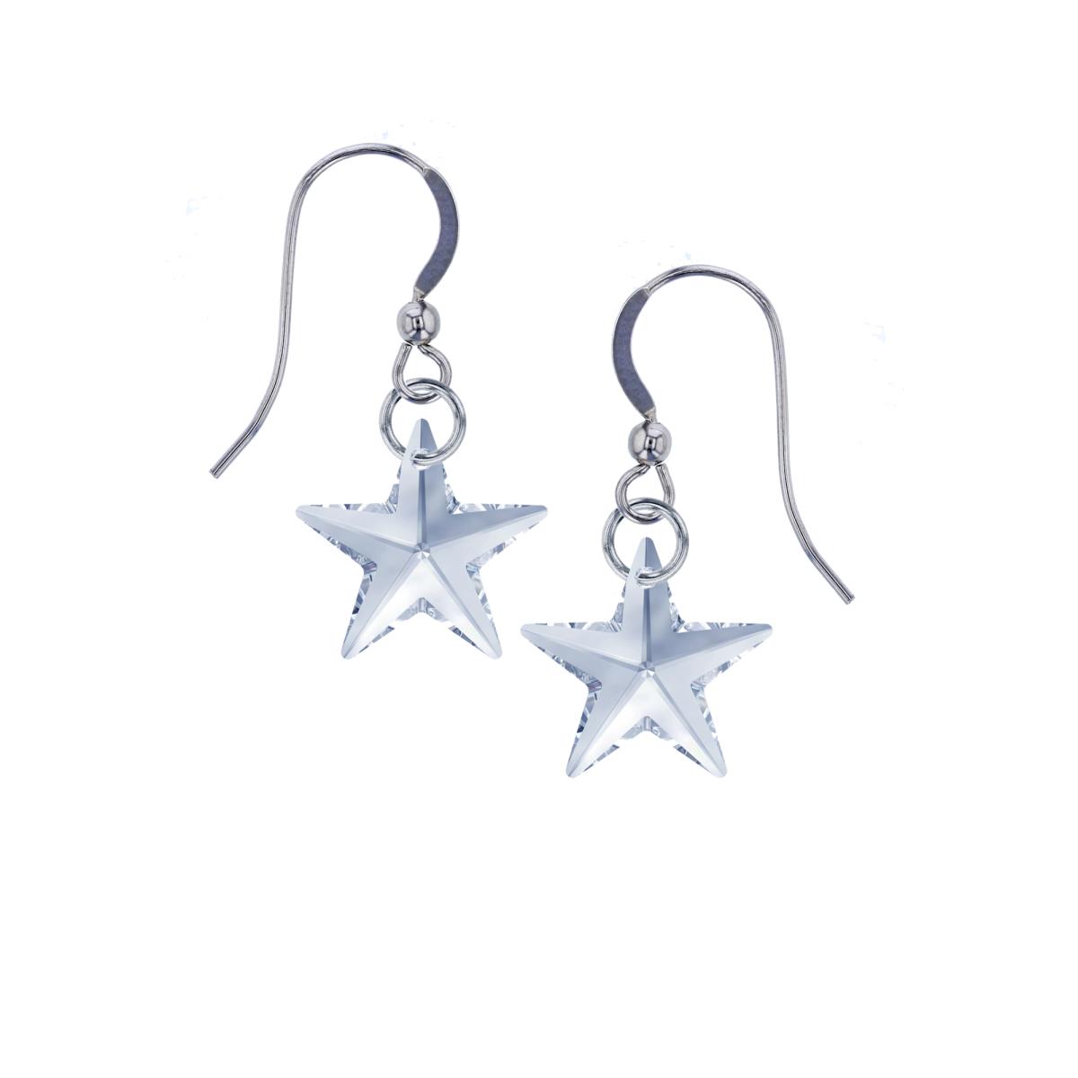 Sterling Silver Rhodium 20mm Star Blue Shade Swarovski Crystal Dangling Fish Hook Earring