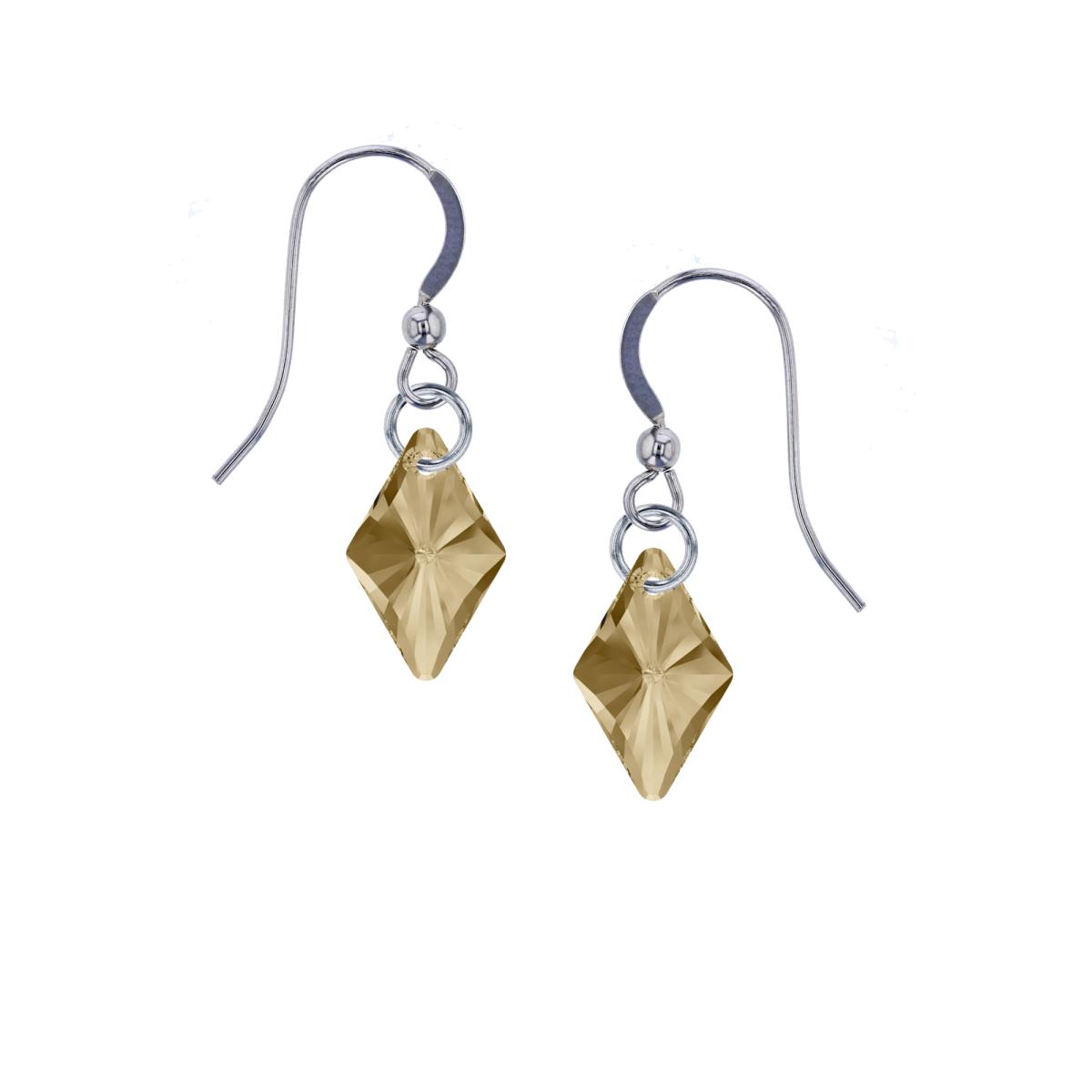 Sterling Silver Rhodium 19mm Rhombus Golden Shadow Swarovski Crystal Dangling Fish Hook Earring