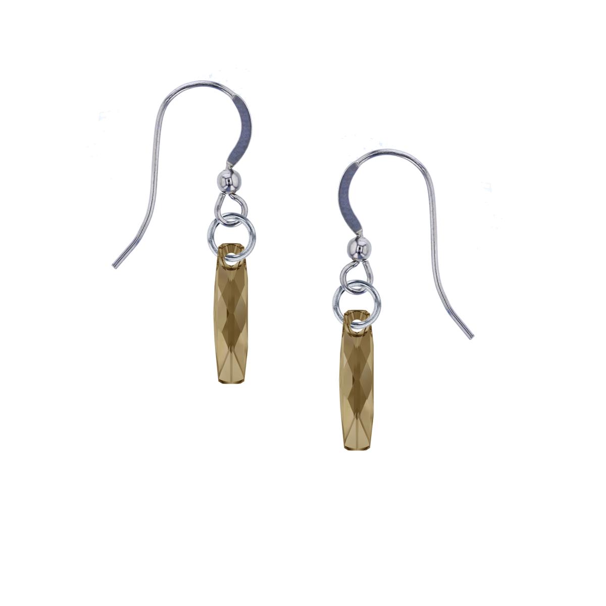Sterling Silver Rhodium 20mm Column Golden Shadow Swarovski Crystal Dangling Fish Hook Earring