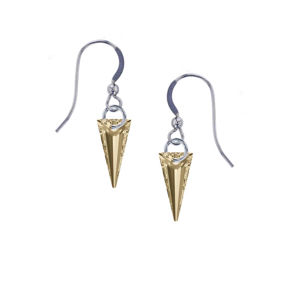 Sterling Silver Rhodium 18mm Spike Golden Shadow Swarovski Crystal Dangling Fish Hook Earring