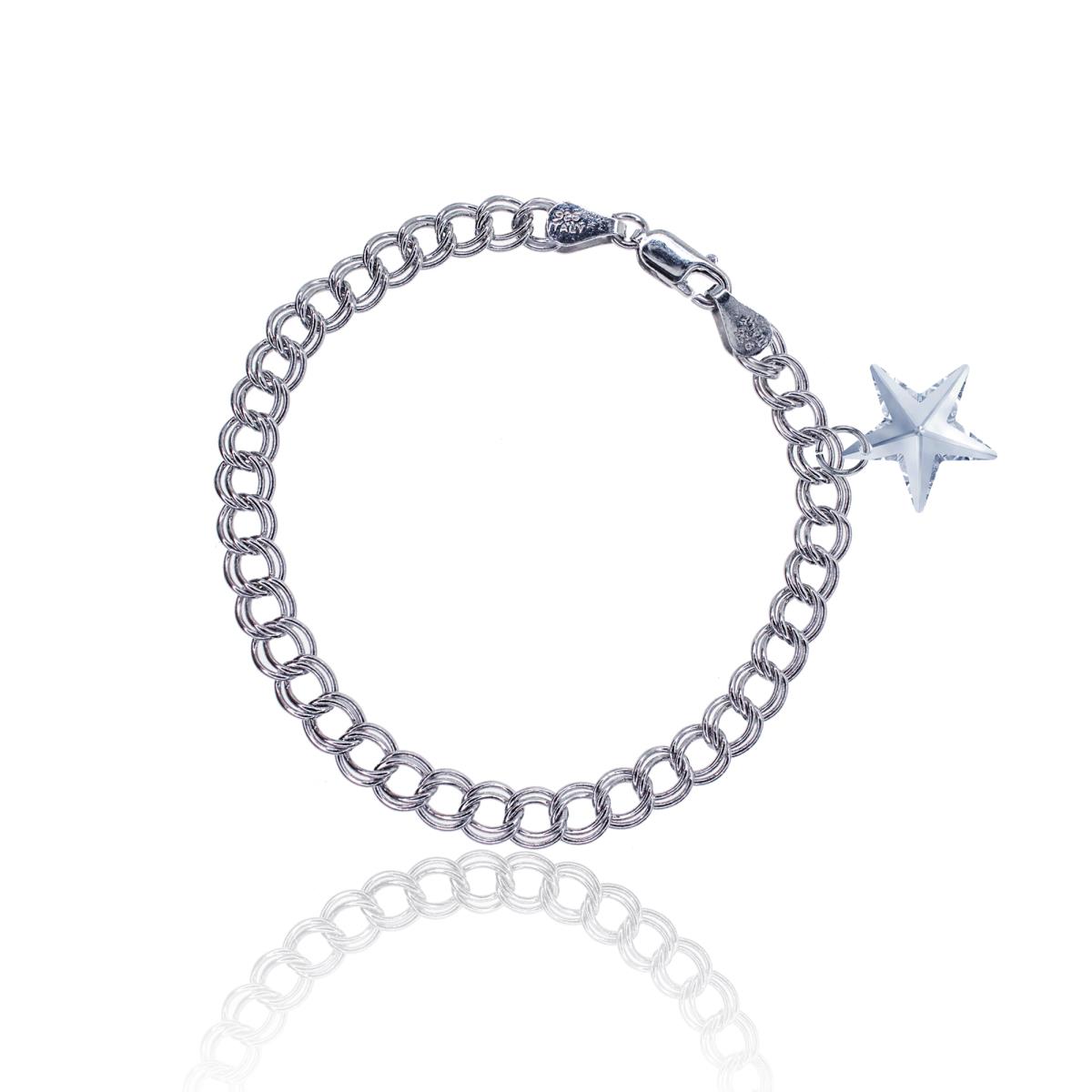 Sterling Silver Rhodium 20mm Star Blue Shade Swarovski Crystal 5.30mm x 7.25" Charm Bracelet