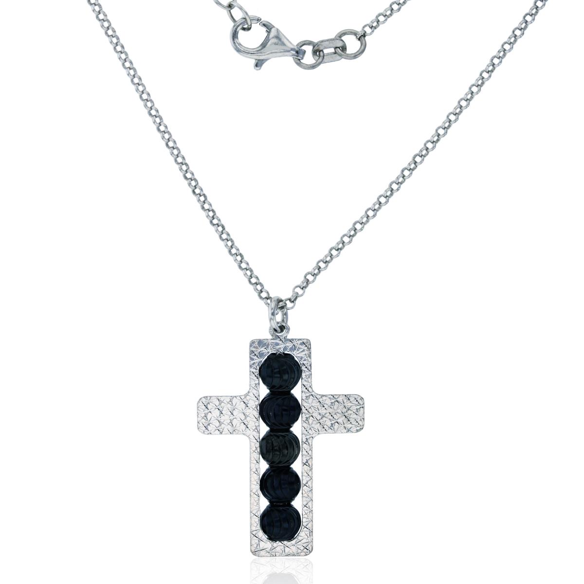 Sterling Silver Silver Plated Black Bead Open Diamond Cut Cross 16+2" Necklace