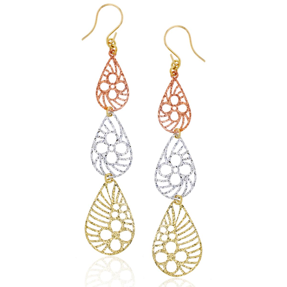 10K Tricolor Gold 67x13mm DC Triple Pear Shaped with Floral Motif Dangling Earring