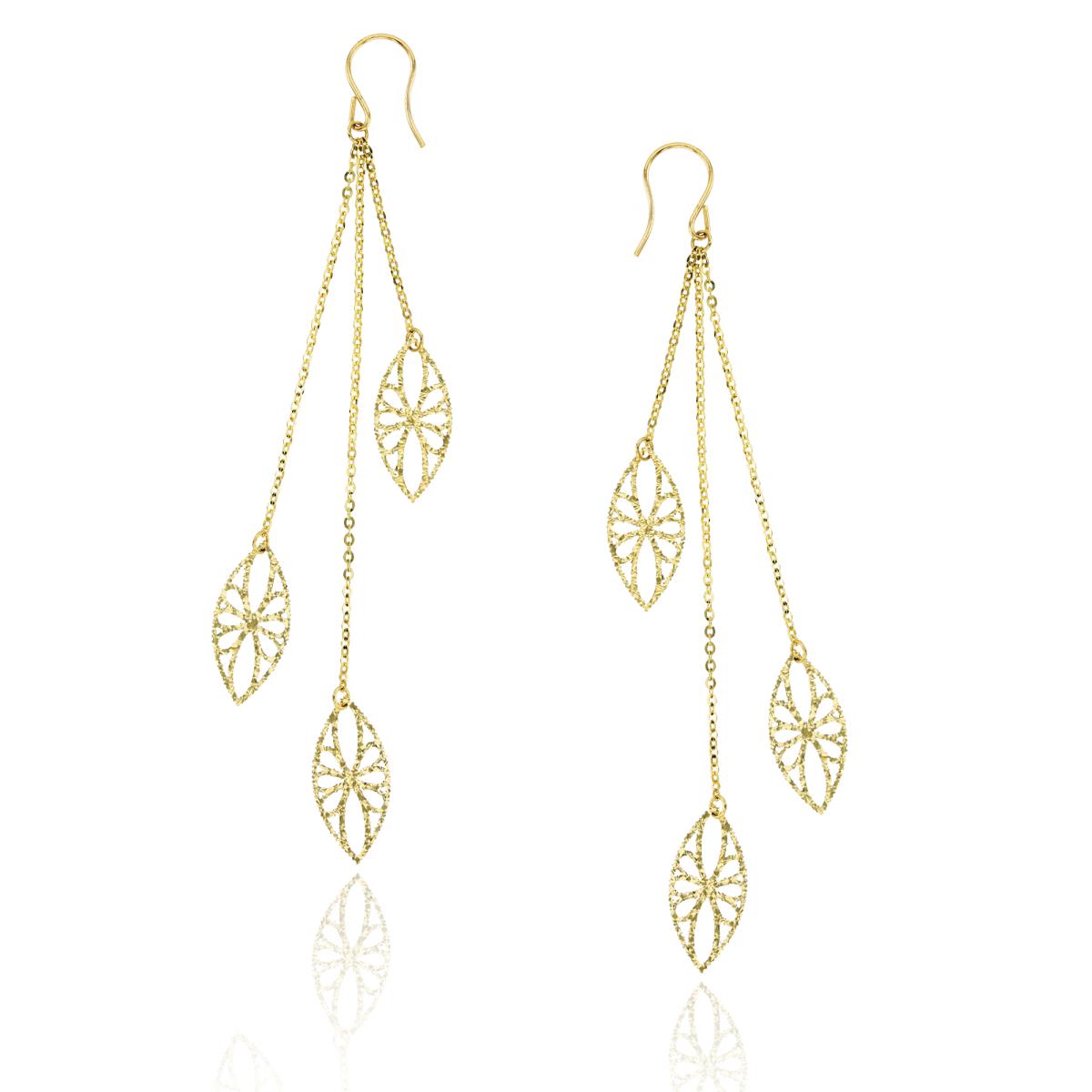 10K Yellow Gold 82x7mm DC Triple Marquise Shape Floral Motif Dangling Earring