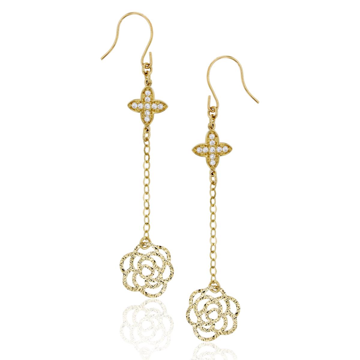10K Yellow Gold 57x11mm Polished Micropave Clover and DC Rose Dangling Earring