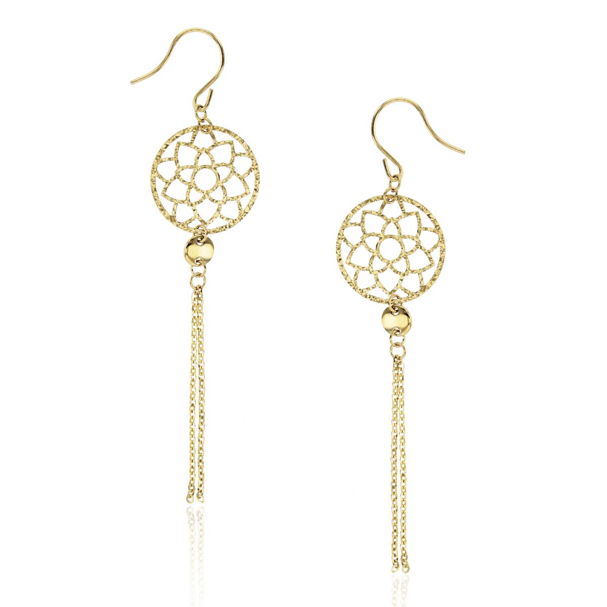 10K Yellow Gold 65x14mm DC Floral Circle & Chain Dangling Earring