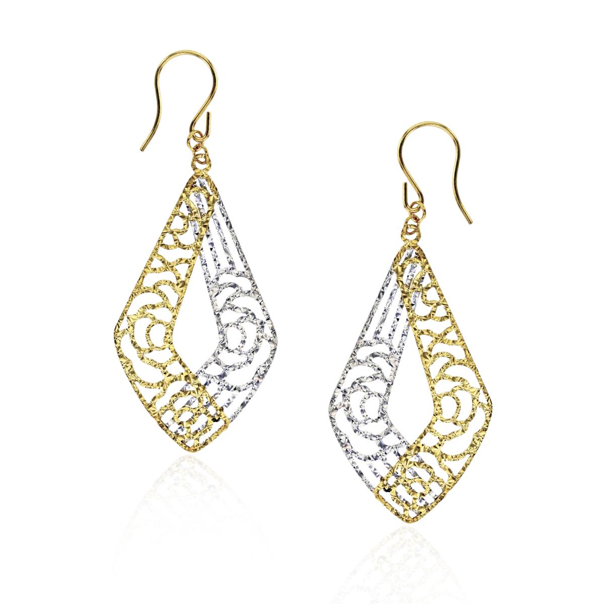 10K Two-Tone Gold 45x18mm Diamond Cut Filigree Pear Shape Dangling Earring