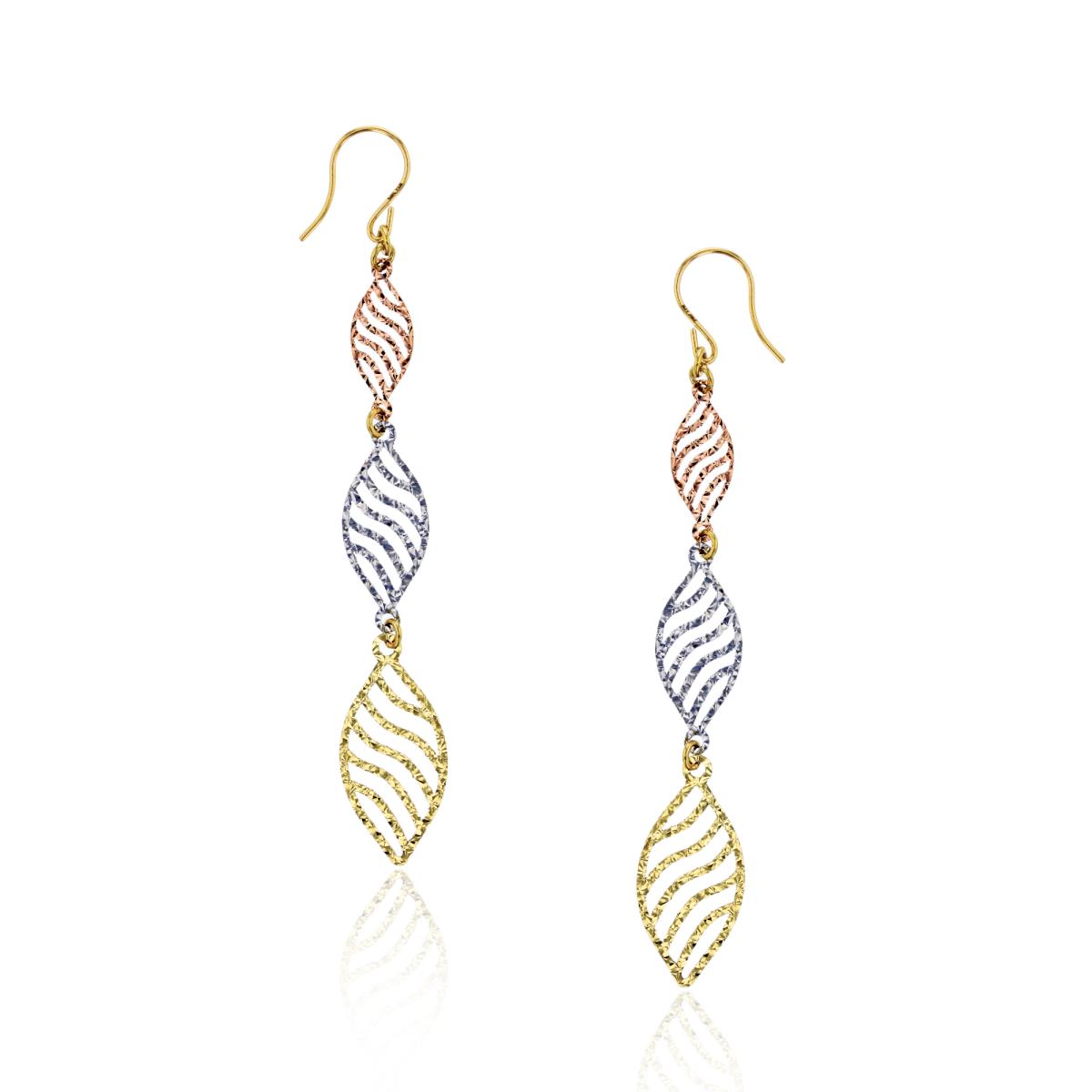 10K Tricolor Gold 68x9mm Triple Diamond Cut Leaf Dangling Earring