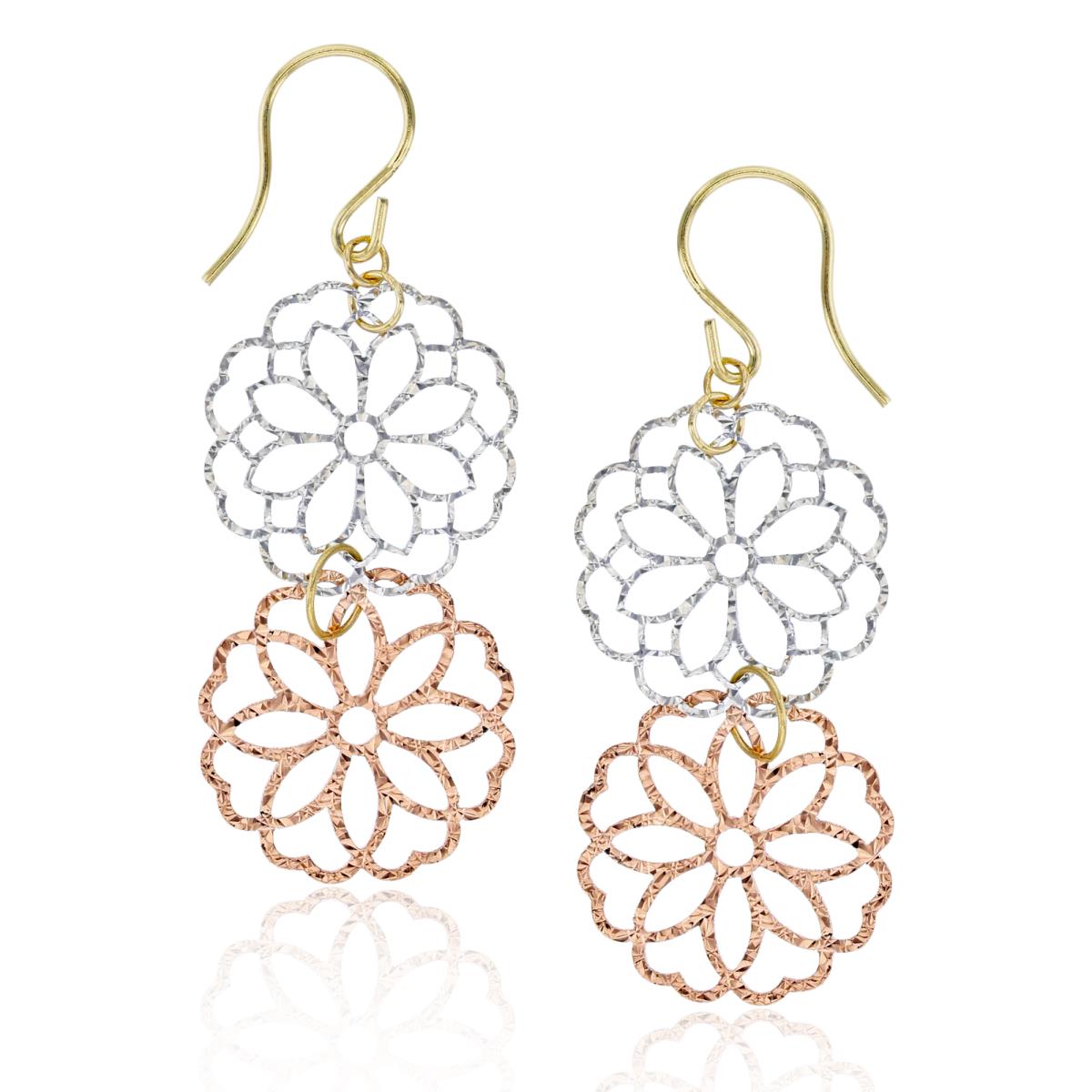 10K Tricolor Gold 40x14mm Diamond Cut Double Flower Dangling Earring