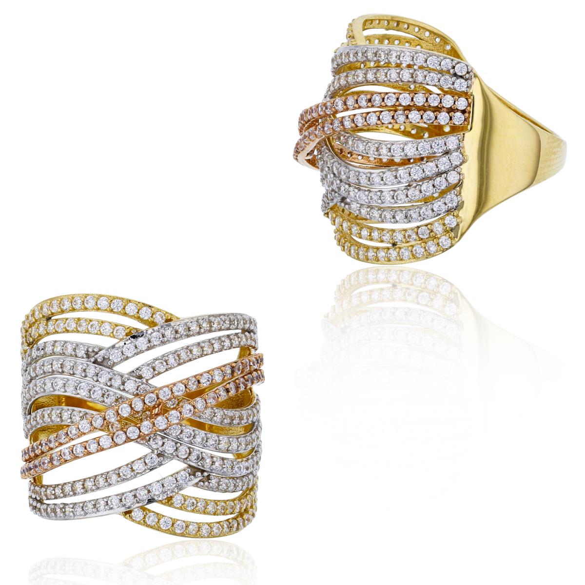 14K Tricolor Gold Micropave Criss Cross Fashion Ring