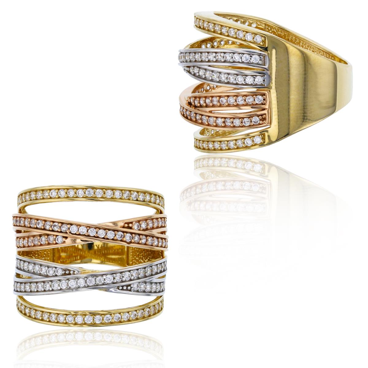 14K Tricolor Gold Micropave Multi-Row Criss Cross Fashion Ring