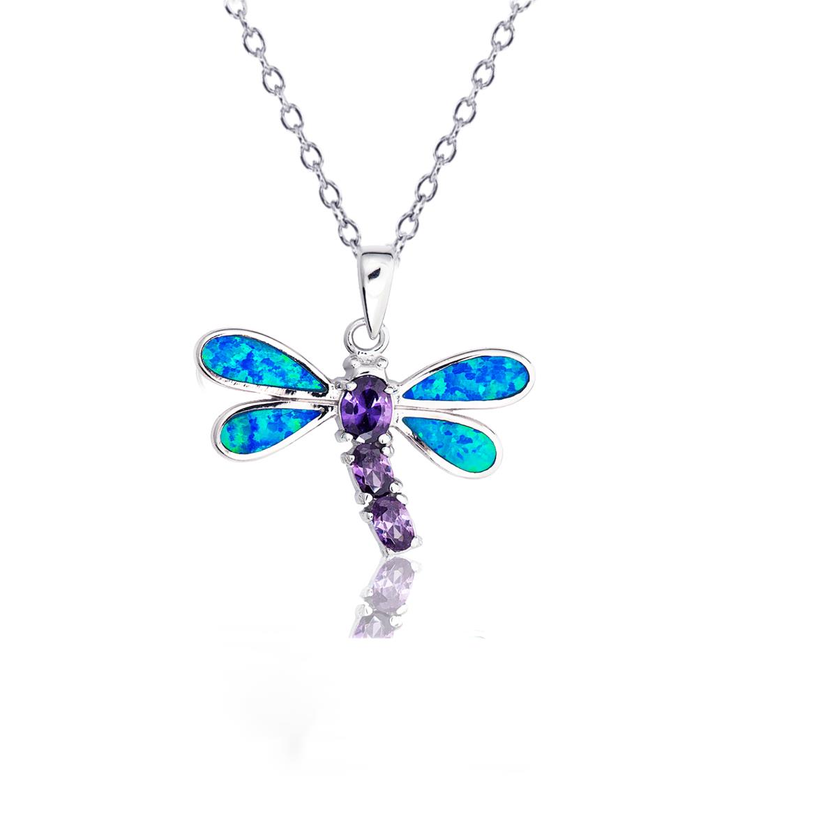 Sterling Silver Rhodium Created Opal Dragonfly Amethyst Ball 16