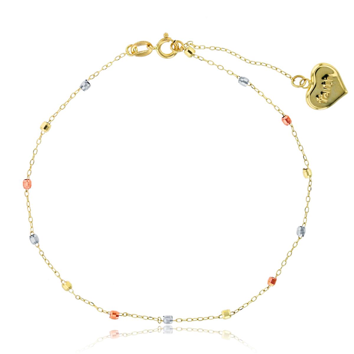 14K Tricolor Gold DC Cable Chain with Mirror Beads Puff Heart "Faith" Drop 7+1" Bracelet