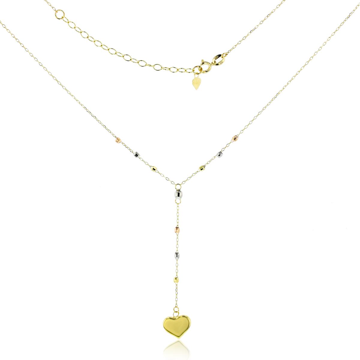 14K Tricolor Gold DC Cable Chain with Mirror Beads & Dangling Polished Puff Heart 16+2" Necklace