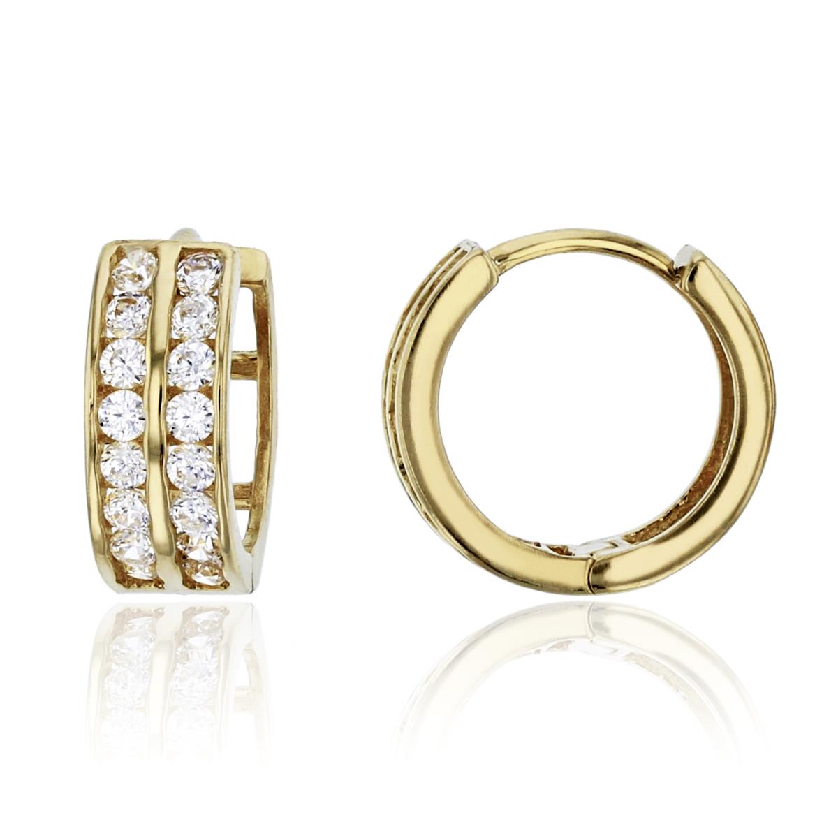 14K Yellow Gold Micropave 12x4.5mm Two-Row Rd Channel Huggie Earring