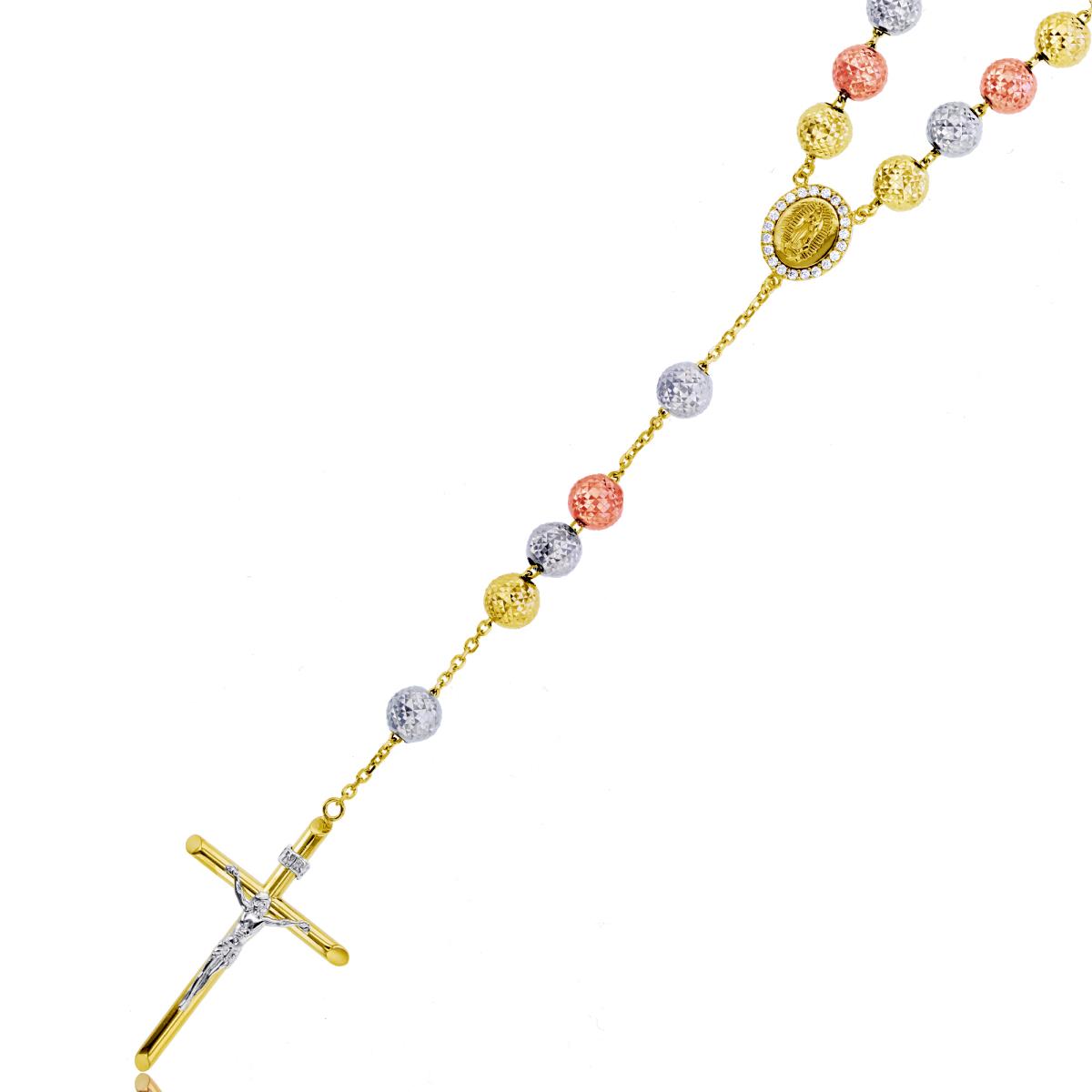 14K Tri-Color Gold 26 Inch 8mm Beads Rosary Necklace 