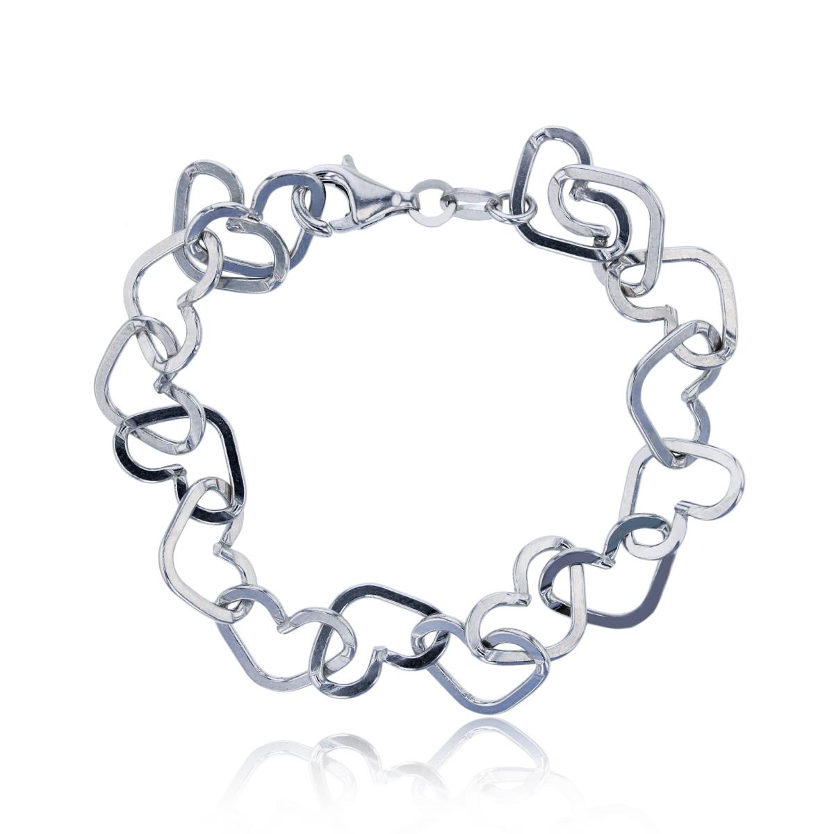 Sterling Silver Silver Plated 9.20mm 7" Flat Heart Interlocking Link Chain Bracelet