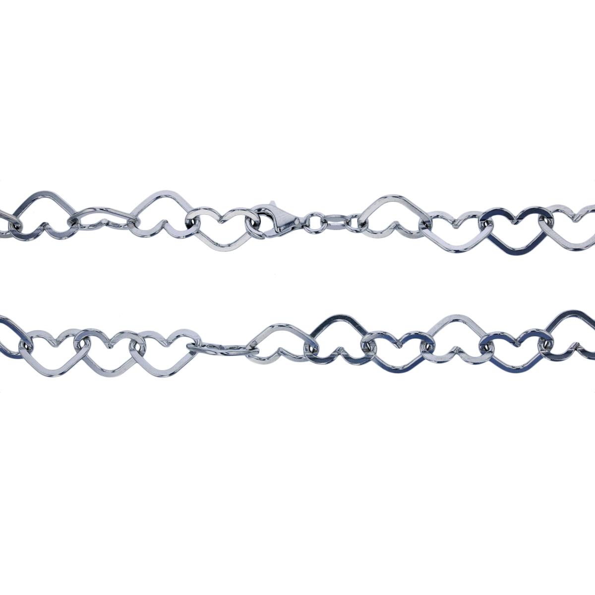 Sterling Silver Rhodium 9.20mm 18" Flat Heart Interlocking Link Chain