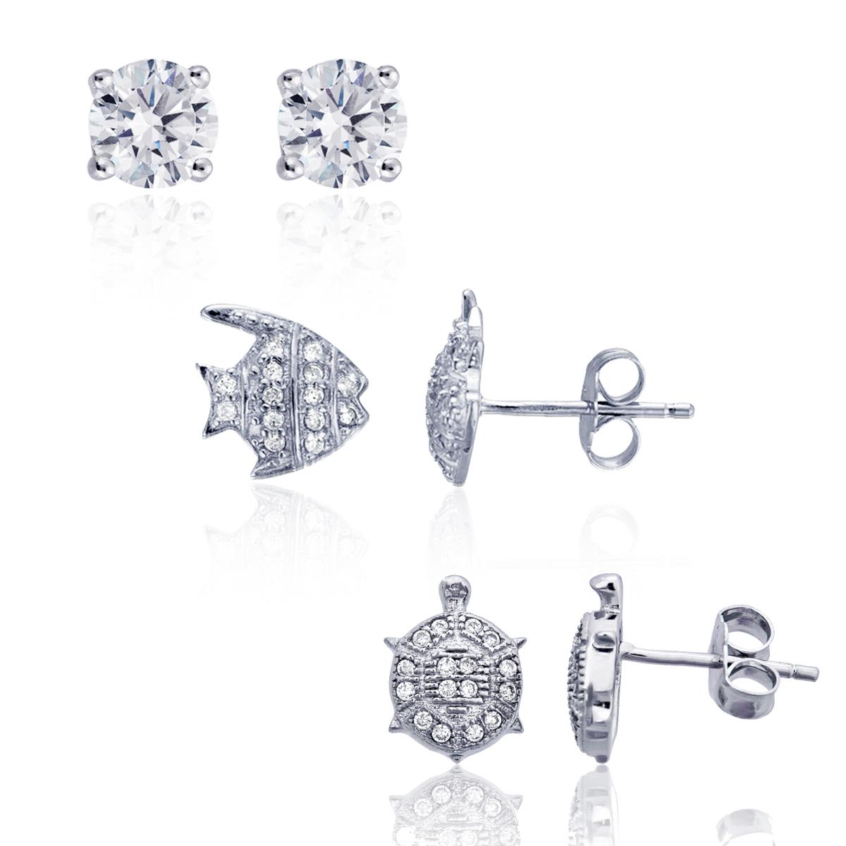Sterling Silver Rhodium Micropave Turtle, Fish & 5mm Solitaire Stud Earrings Set